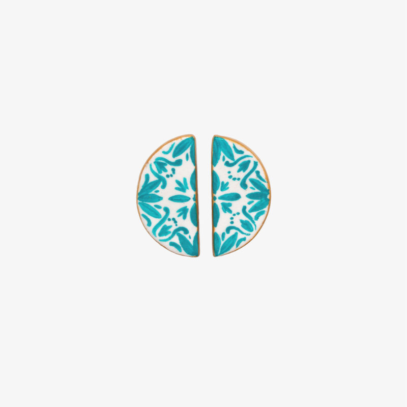 Stud earrings with aqua-green half-moon majolica